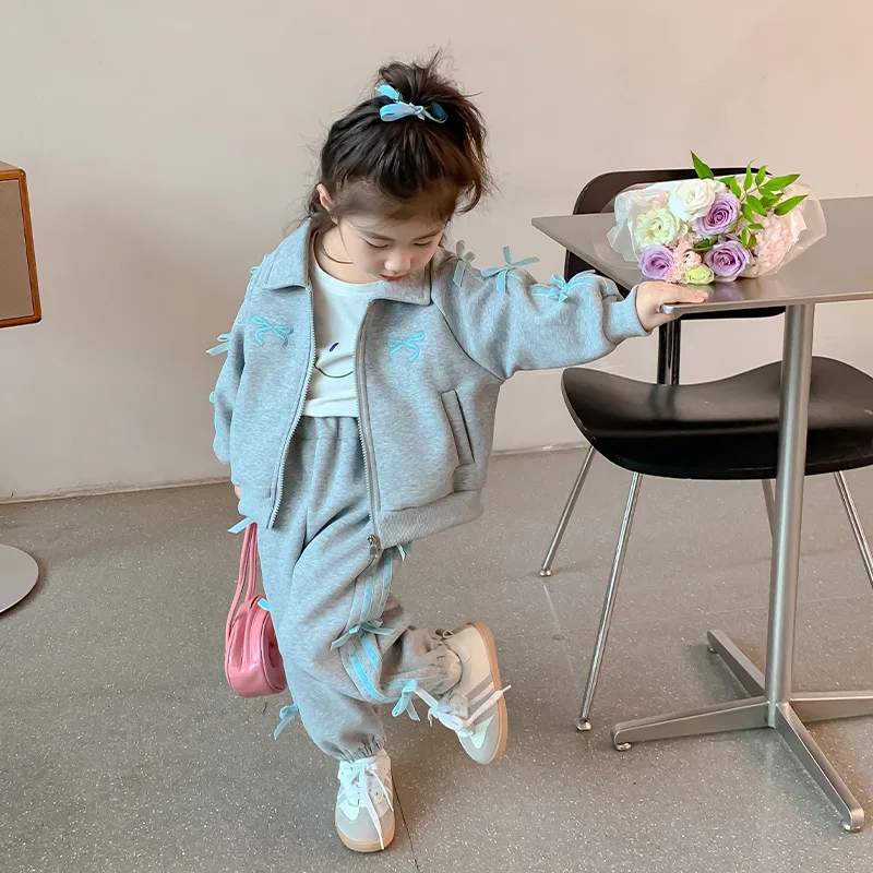 

2026 Spring New Children's Hot Selling Solid Color Bow Tie Decoration Hoodie Coat and Pants Two Piece Set