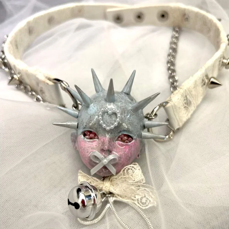 2025 New Punk Y2K Doll Necklace Rivets Human Face Lace Chain Bowknot Bell Cool Choker Neck Accessories for Women Men Jewelry