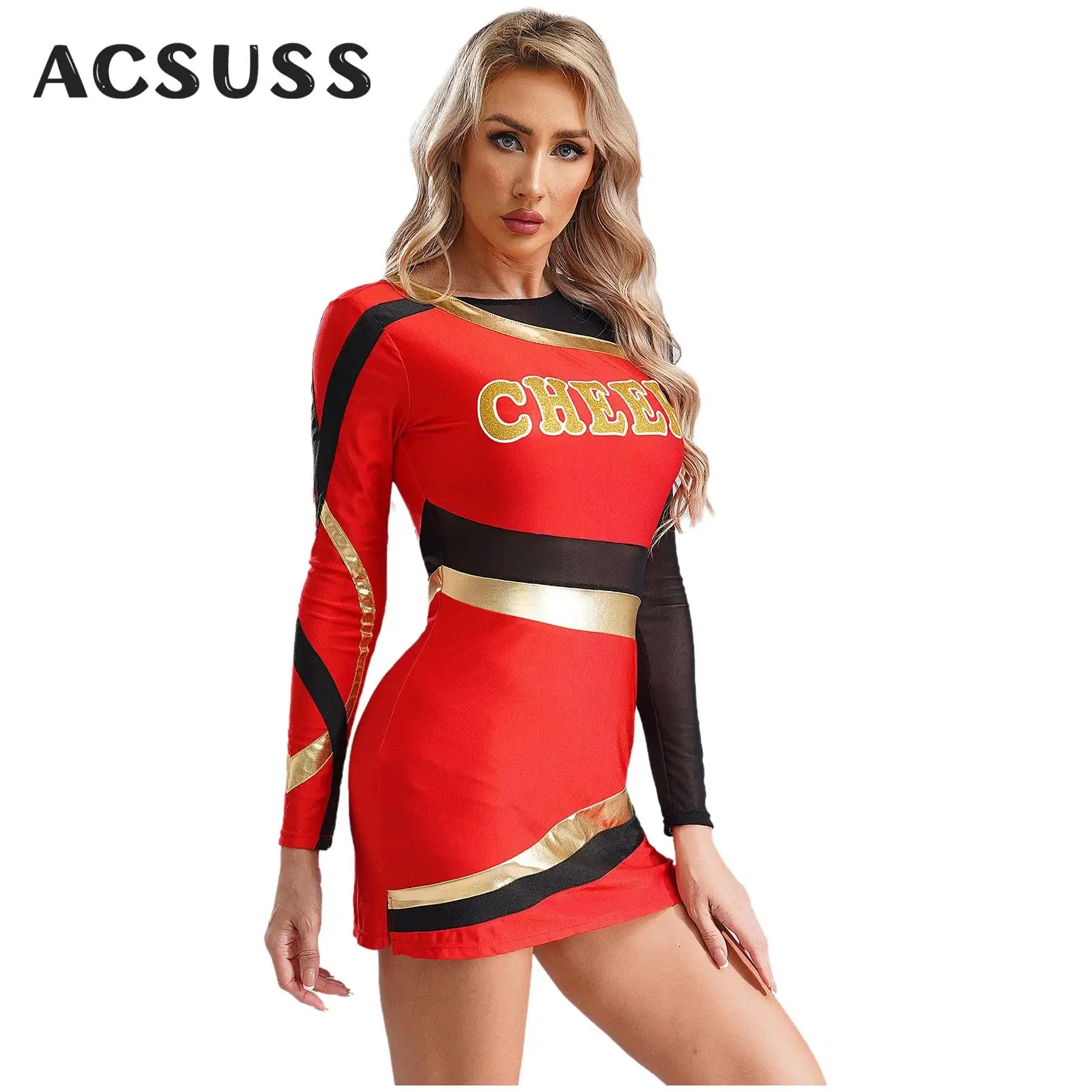 

Women Sexy Cheerleading Uniform Long Sleeve Metallic Bodycon Dress Clubwear Carnival Musical Festival Halloween Dress Up Costume