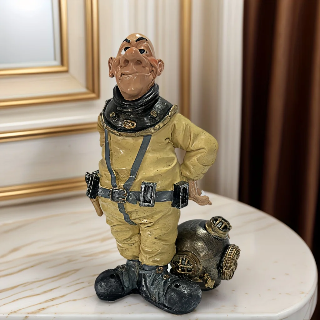 Vintage-Taucherstatue aus handgefertigtem Kunstharz, Ozeandekoration im Retro-Stil, gelb-schwarze Tiefsee-Erkundung, detailliertes Design für den Innenbereich. – Detail 2