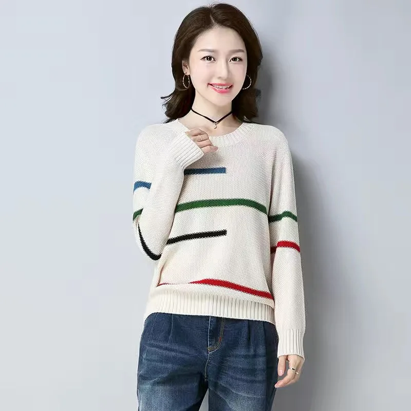 Spring Women Loose Stripe Sweaters Elegant O-neck Casual Knitted Jumper Long Sleeve Korean Vintage Pullover New Knitting Tops