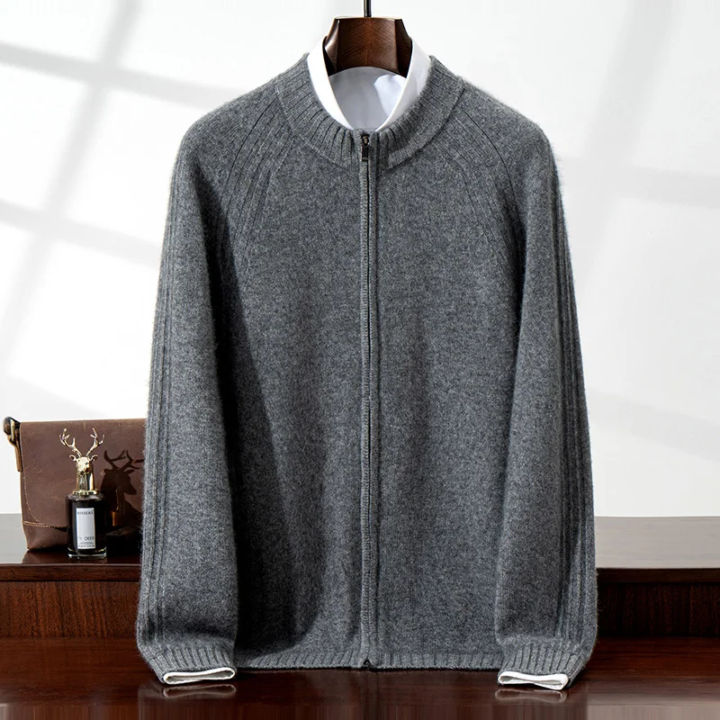 

Осень-зима, новый мужской кардиган, 100% чистый кашемир, вязаная куртка, полуводолазка, утолщенная двойная молния, свитер с рукавами реглан