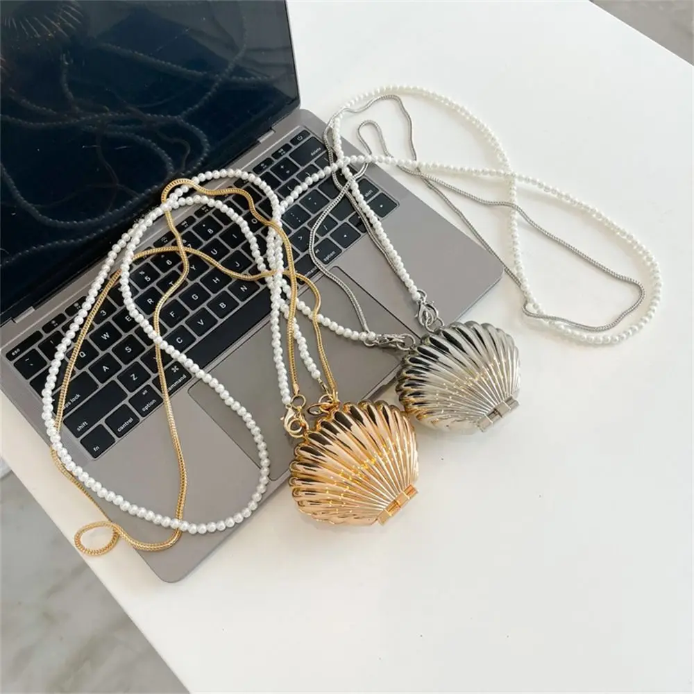 

Luxury Metal Lipstick Bag Shell Shape Pearl Chain Shoulder Bags Silver Dinner Bag Women