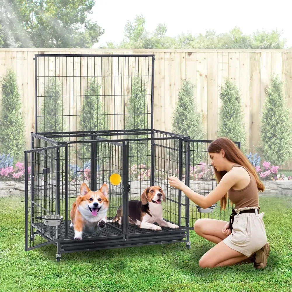 43 Inch Three Tiers Dog Crate Cage Kennel with Divider, Stackable Heavy Duty Dog Crate for Large Dogs, Escape Proof