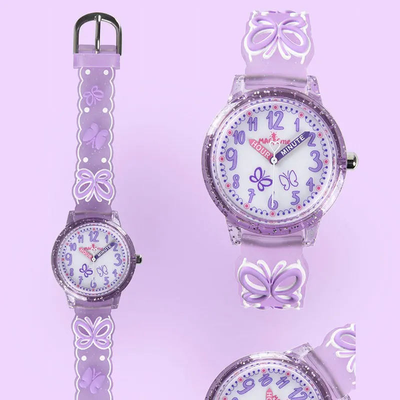 

Новые часы-бабочка, мечтательные 3D мультяшные фиолетовые ремешки, водонепроницаемые часы-указатель, милые кварцевые часы для девочек, детские часы