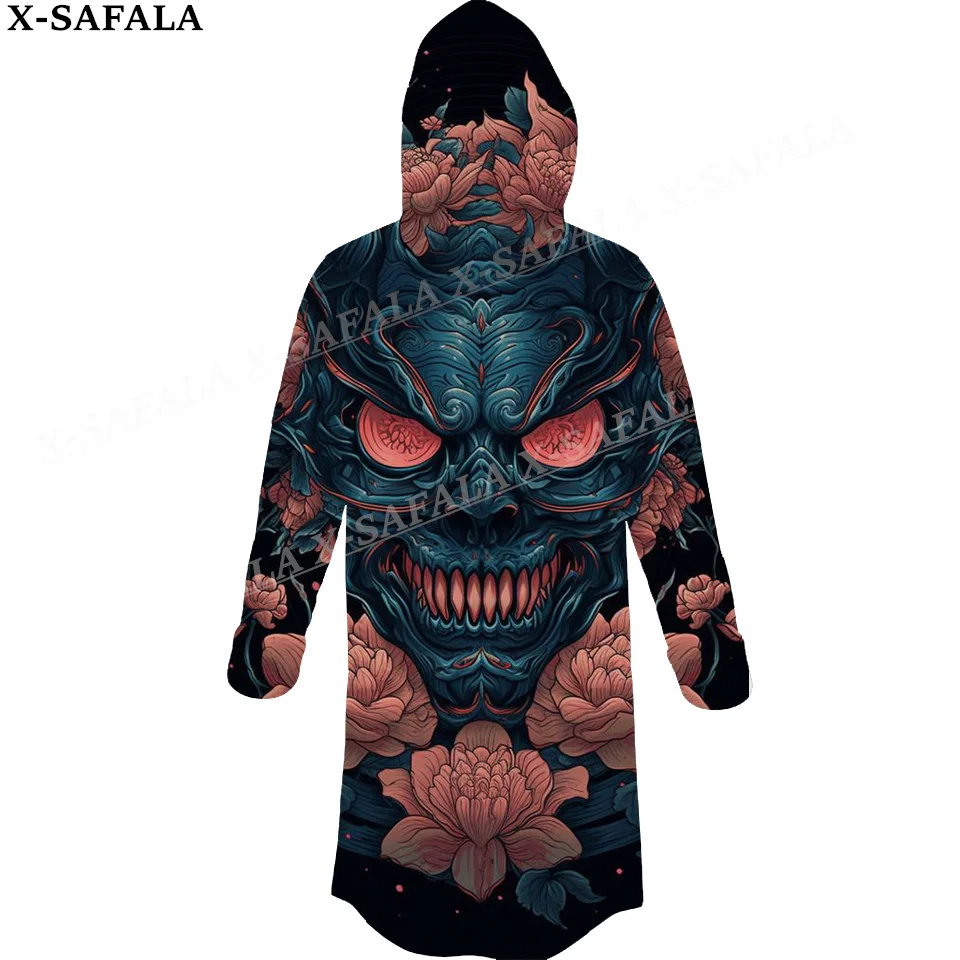 Japanese Samurai Oni Mask Tattoo Warrior Thick Warm Hooded Cloak Men Overcoat Coat Windproof Fleece Cape Robe Hooded Blanket-1