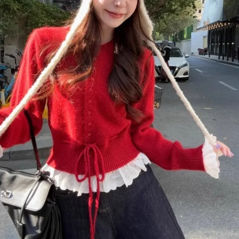 

New Year's Red Knitted Cardigan Sweater Women's Winter Sweet Wind Design Sense Lace-up Bottoming Shirt Casual Top High Street