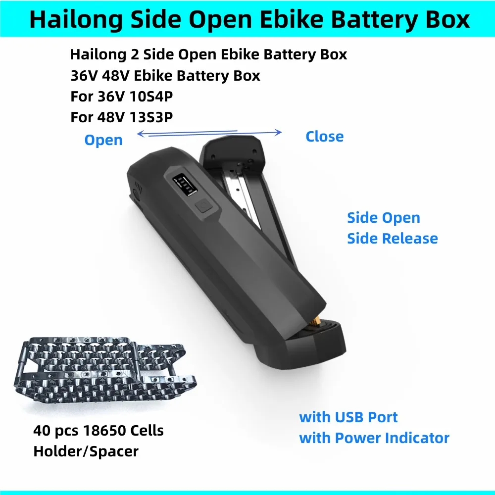 Original 36volt 48volt eBike Battery Box Hailong 2 Side Release Open Battery Box 36V 48V 40 pcs 18650 Cells Battery Case