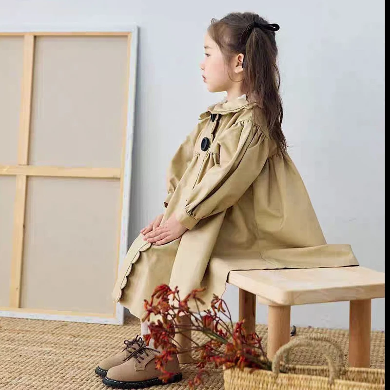 123  2026 Fashion Retro Style Girls Jacket  Spring Autumn Long Khaki Loose Doll Collar Fashion Windbreaker Outwear For 2-8Y Kids