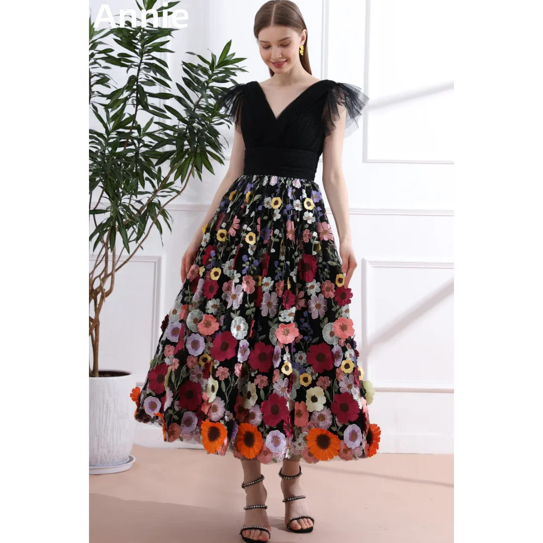 Annie Sweet Black Prom Dresses Tulle Embroidered Flowers Wedding Dress V-neck Princess rCocktail Dresses Vestidos DeFiesta