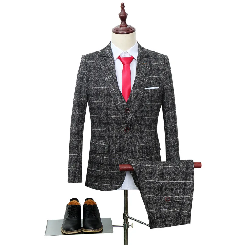 Men's Minimalist Suit Three Piece Set British Plaid Casual Set Button Pocket Slim Fit Groom's Wedding Banquet Party