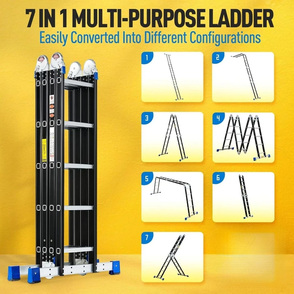 Step Ladder  Folding Ladder 19.6ft Multi-Purpose Aluminium Extension Ladders, 7 in 1 Folding Adjustable Telescoping Step Ladder