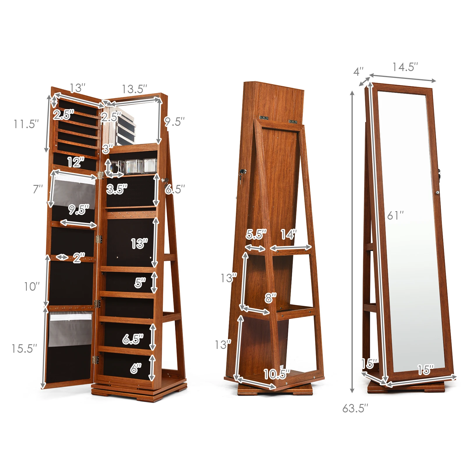 Costway 360° Rotatable Jewelry Cabinet Armoire 2-in-1 Lockable Mirrored Brown