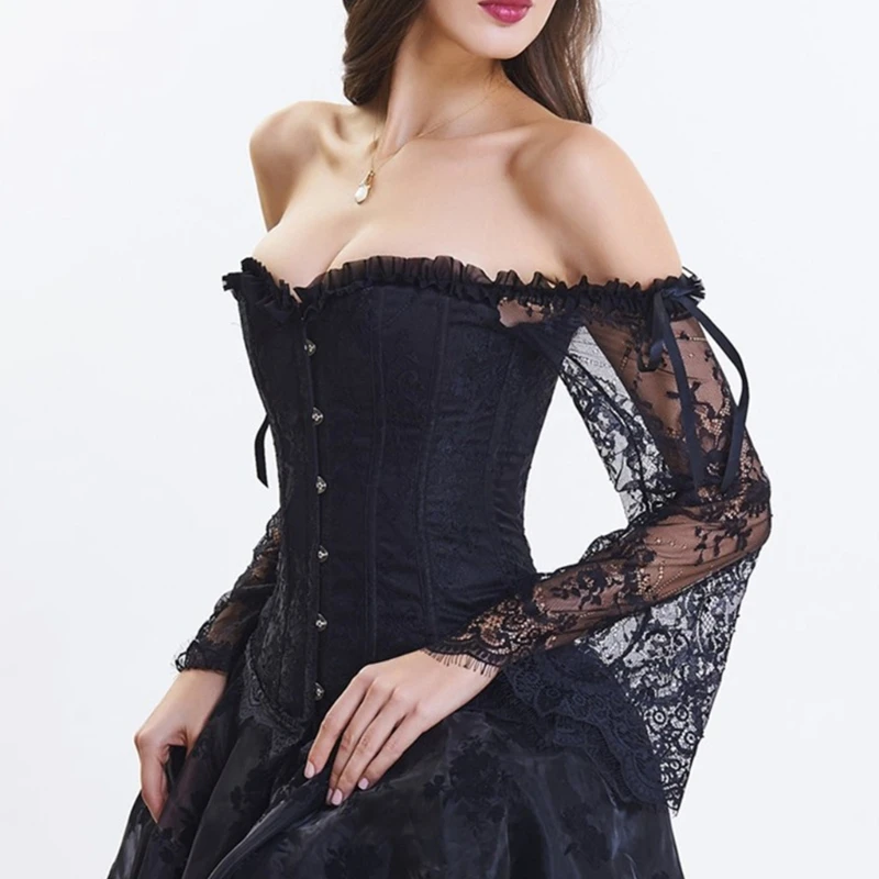 Französische Waspie Crops Tops Courtstyle Spitzenärmel Korsett Retro Cosplay Party Dressing Cincher Viktorianisches Bustier