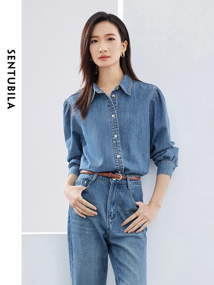 SENTUBILA Camicia di jeans blu Donna 2024 Moda Primavera Vintage Manica lunga Donna Top Donna Camicia abbottonata Giacca W41C53114