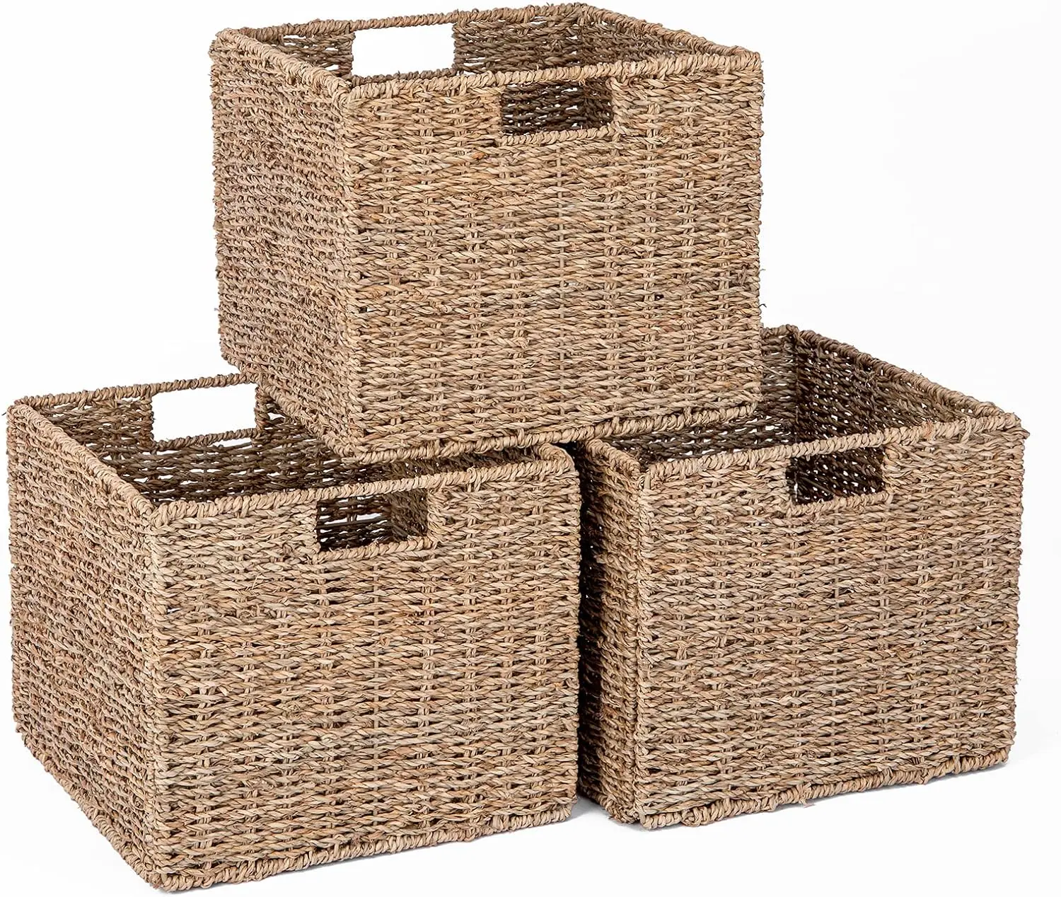 

Natural Seagrass Storage Baskets Set of 3, Foldable Cube Organizer for Shelves Pantry Kitchen Bathroom