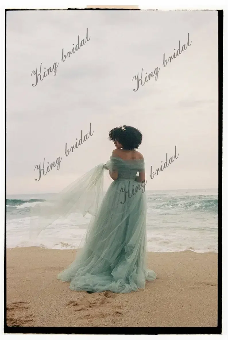 A Line Wedding Gown Elegant Dress Women for Wedding Party Evening Prom Dress Green Long Dress Tulle Off-shoulder Wedding
