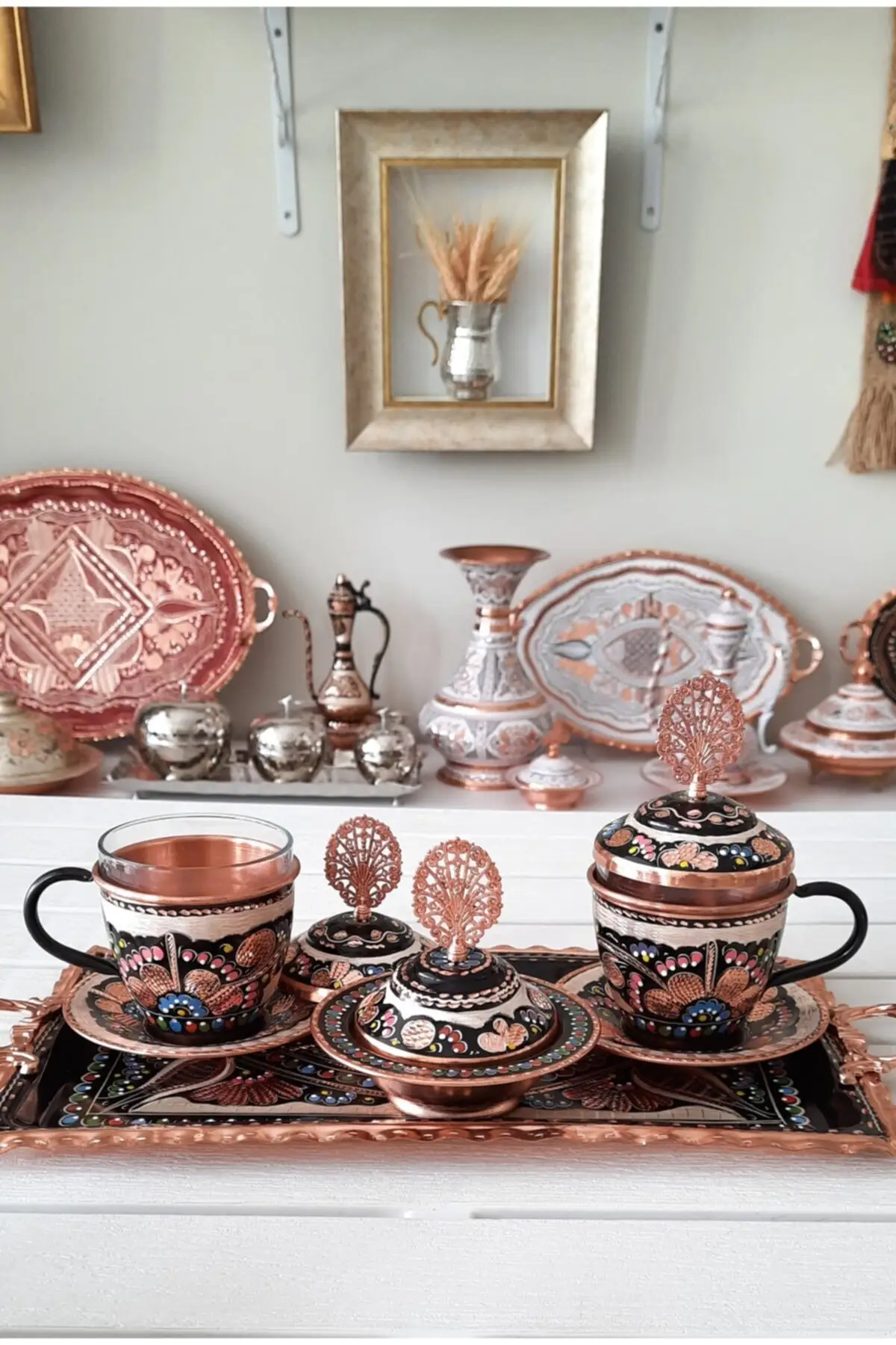 

Copper tea set, serving tray, authentic tea serving set Cooper Luxury Cups