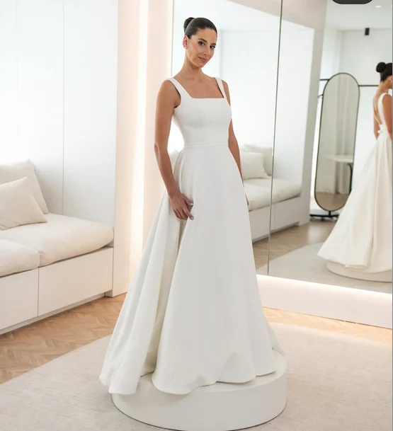 فساتين زفاف 2026 مخصصة لقياس الياقة المربعة للنساء من الساتان فساتين زفاف أنيقة على شكل حرف a vestidos de novia بدون ظهر