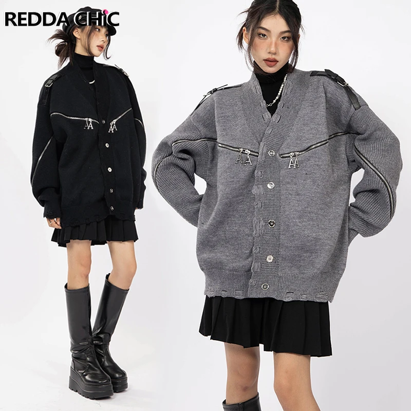 REDDACHiC Women Ripped Knit Cardigan Function Zipper Deconstructed Destroyed Sweater Jacket Fall Winter Retro Y2k Korean Outwear