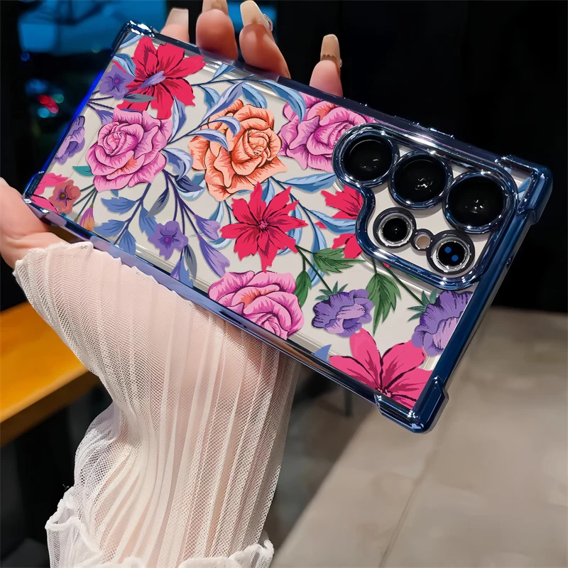 Silicone Shockproof Phone Case For Samsung Galaxy S23 Ultra S22+ 5G S21 Plus S20 FE Colorful Floral Pattern Soft Plating Cover