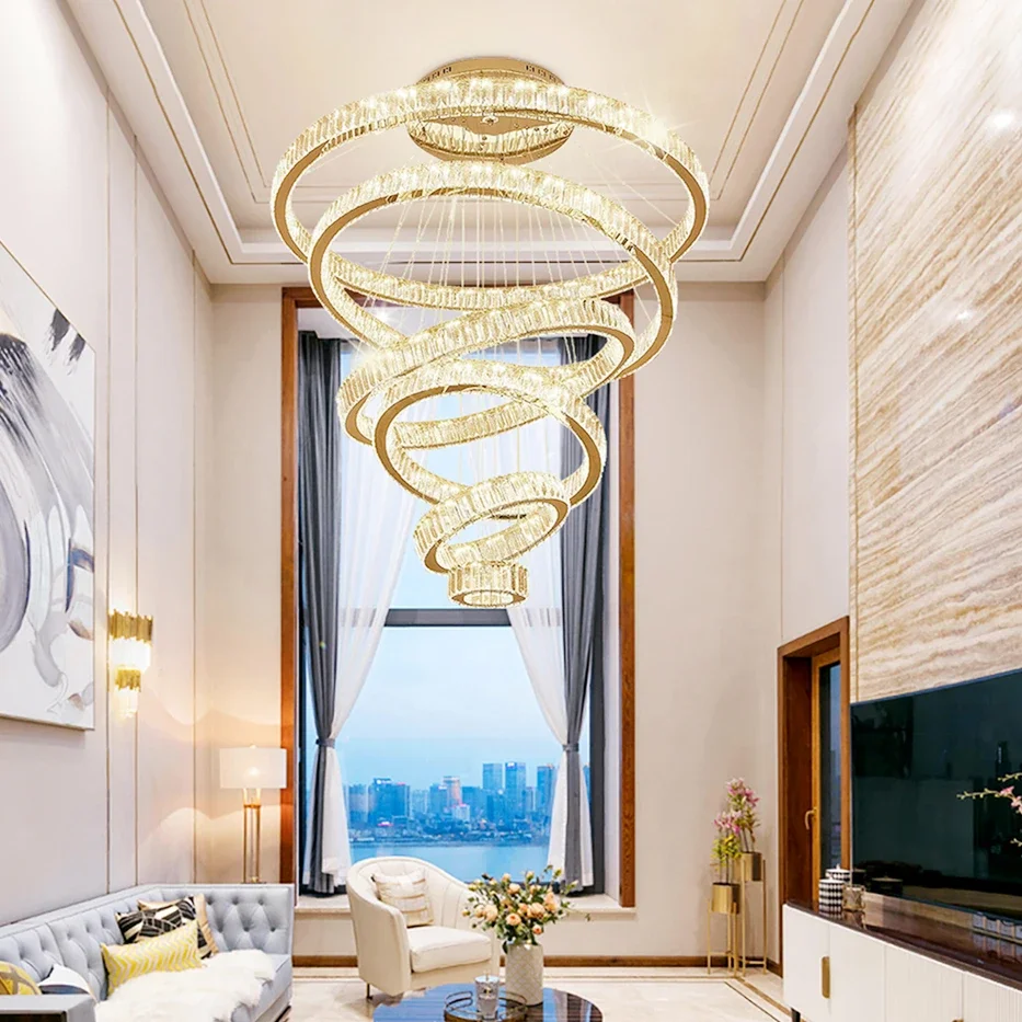 

Luxury Staircase Crystal Chandelier Large Modern Rings Design Led Cristal Lamp Long Villa Lobby Living Room Gold Hanging Light