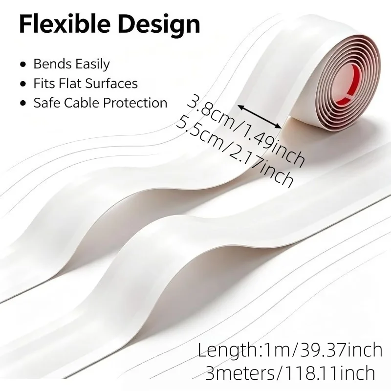 1PC 3/1m Cable Hider, White Self-Adhesive Cord Cover for Wall, PVC Material, Peel-And-Stick for Walls, Floors, Baseboards