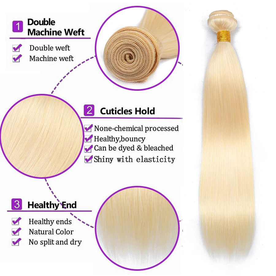 Extensiones de cabello humano 613 brasileño, mechones de cabello liso Rubio 100%, 12-32 pulgadas, 1/2/3 piezas