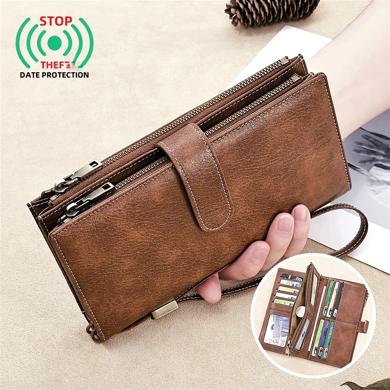 Retro Large-Capacity 70% off Wallet Rfid Anti-Theft Pu Leather Clutch Bag Dual-Use Design with Wrist Strap Unisex