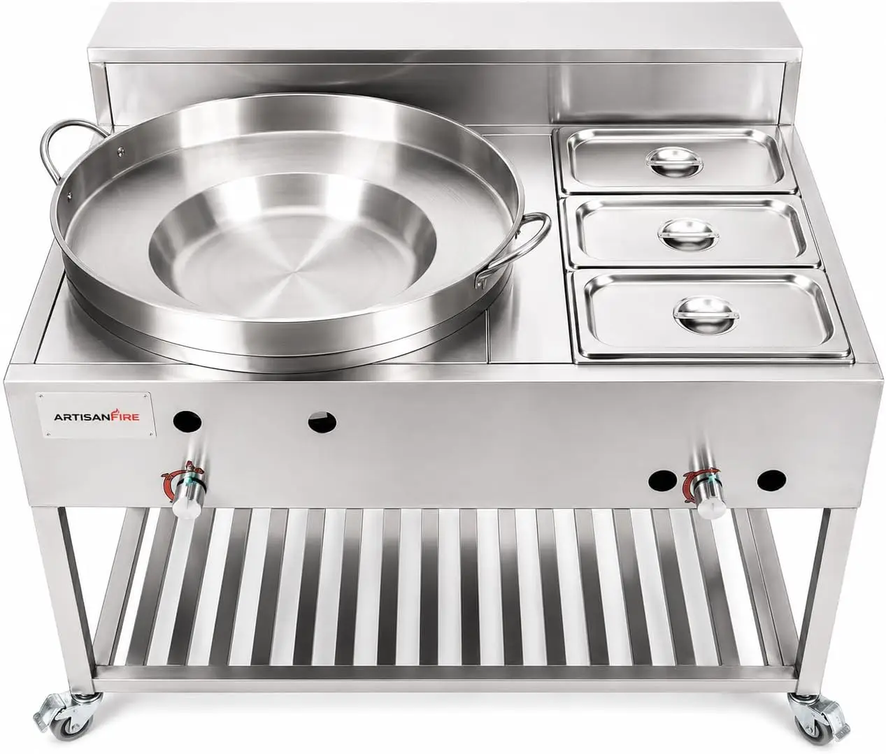 High-Pressure Propane Taco Cart Cooker with Stainless Steel Concave Comal Grill Stove, Discada Grill Bowl, and 3-Pan Steam Table