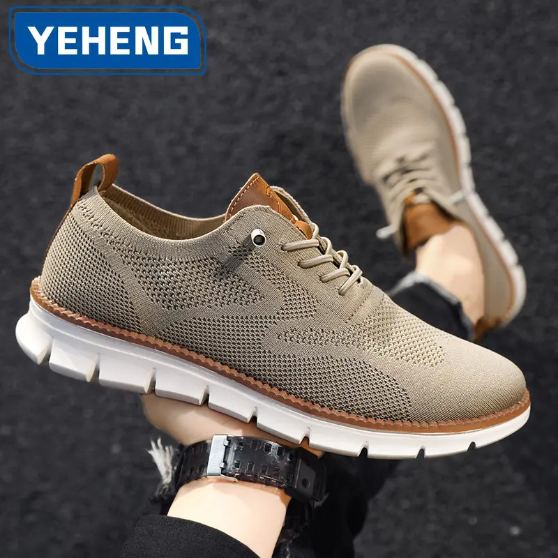 New Autumn Casual Knitted Mesh Men\'s Shoes Solid Shallow Lace Up Lightweight Soft Sneakers Shoes Breathable Man Footwear Flats