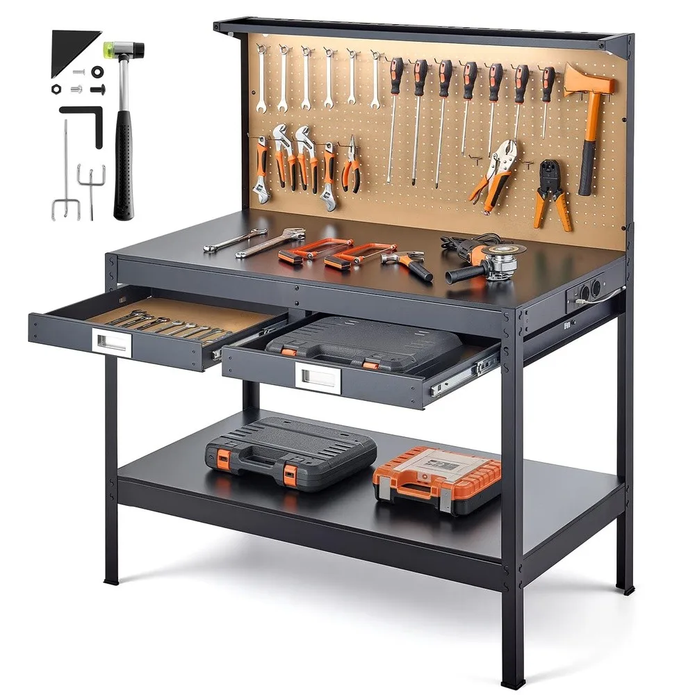 Workbench 47.2 inch Heavy Duty Steel Workbench with Pegboard & Drawers 242.5 lbs Capacity Work Benches for Garage with