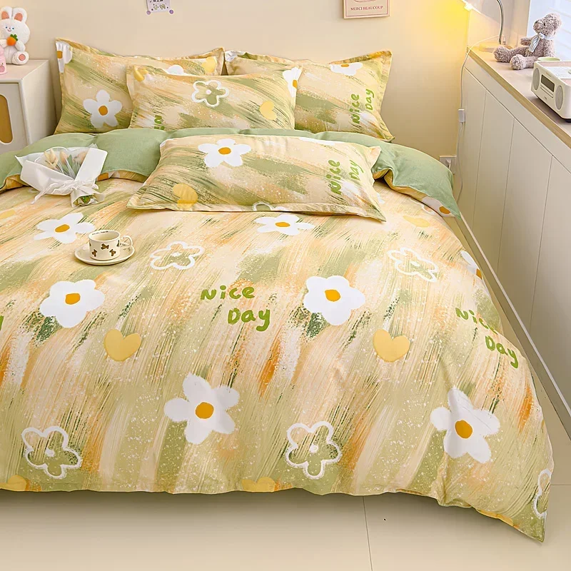 White Flower Duvet Cover Queen Size Cotton Yellow Love Heart Print Bedding Set Botanical Floral Comforter Cover with Pillowcases