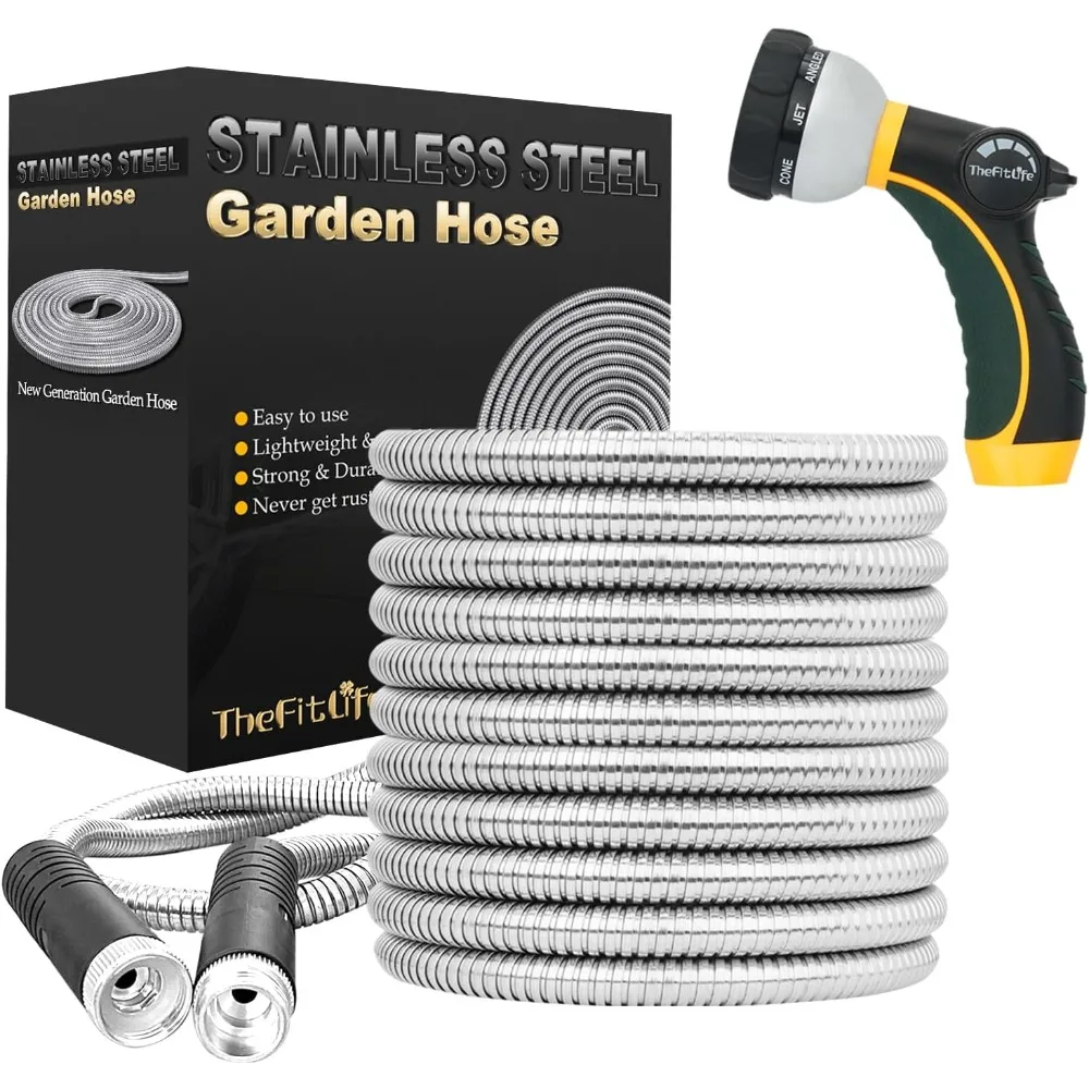 

Flexible Metal Garden Water Hose - Upgrade Leak and Fray Resistant Design, Stainless Steel with Solid Fittings