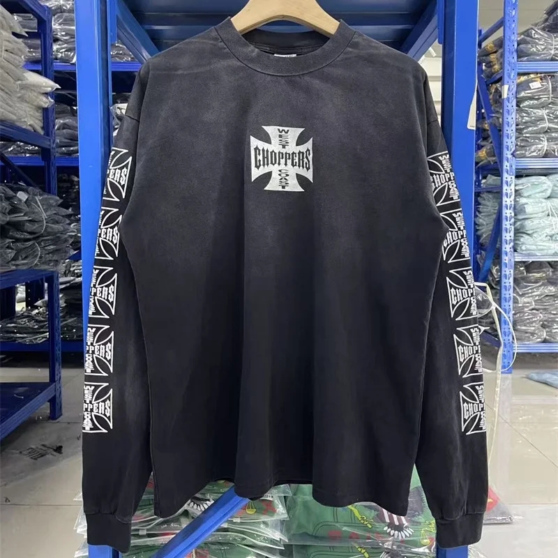 

25FW Мужская и женская футболка с длинным рукавом с рисунком West Coast Choppers, винтажная потертая черная свободная футболка с длинным рукавом, высочайшее качество