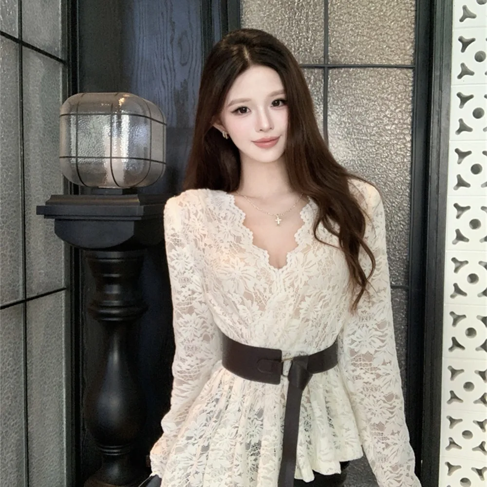 الخريف الشتاء الدانتيل irt V-ne لصق طويل Sve سليم صالح مربوط غير النظامية هملين Ele سيدة Sle لباس غير رسمي #4