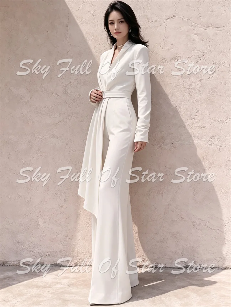 White Women Suit Set 2 Pcs Jumpsuit Belted Asymmetric Drape Panel Wide Leg Formal Wedding Guest Evening Party Lady Jumpsuit