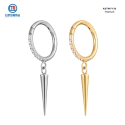 QM ASTM F136 Titanium Punk Rivet Clear Zircon Clicker Ring with Long Pointed Cone Pendant Cartilage Earrings Piercing Jewelry