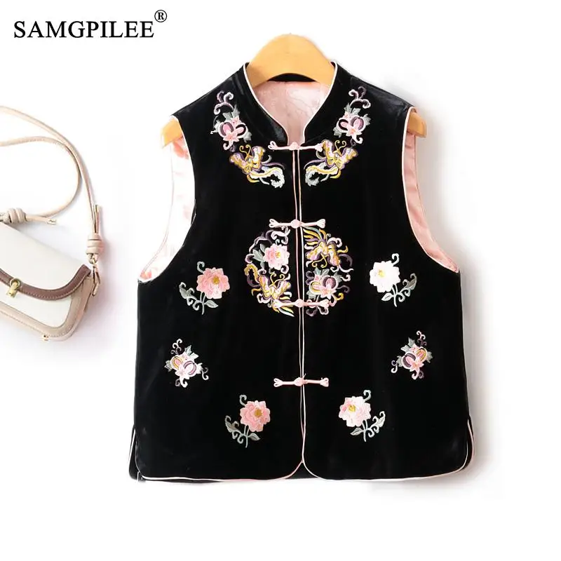 

Chinese Style Vests For Women 2023 Stand Collar Embroidered Contrasting Color Disc Buckle Quilted Warm Velvet Sleeveless Jackets