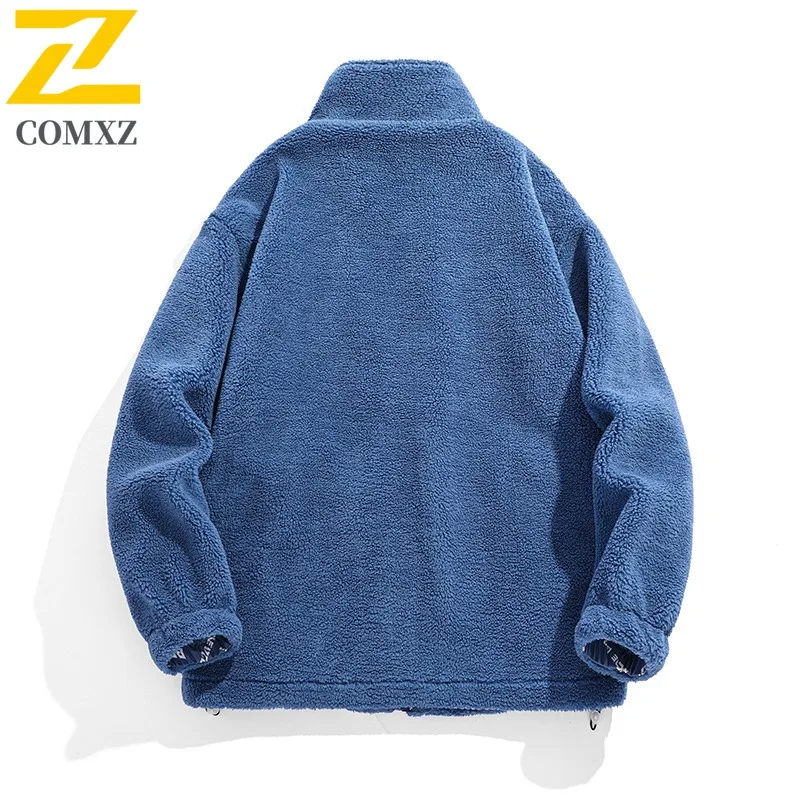 COMXZ Lamb Wool Fleece Jacket Winter Wear on Both Sides Cardigan Jackets Stand Collar Design Outdoor Travel Windproof Clothing