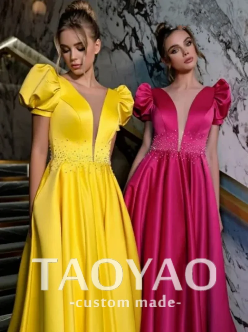 Yellow Satin V Neck Sexy Evening Party Dresses for Women Fashion High Waist Puff Sleeve Women's Dress Elegant Train Prom Gown