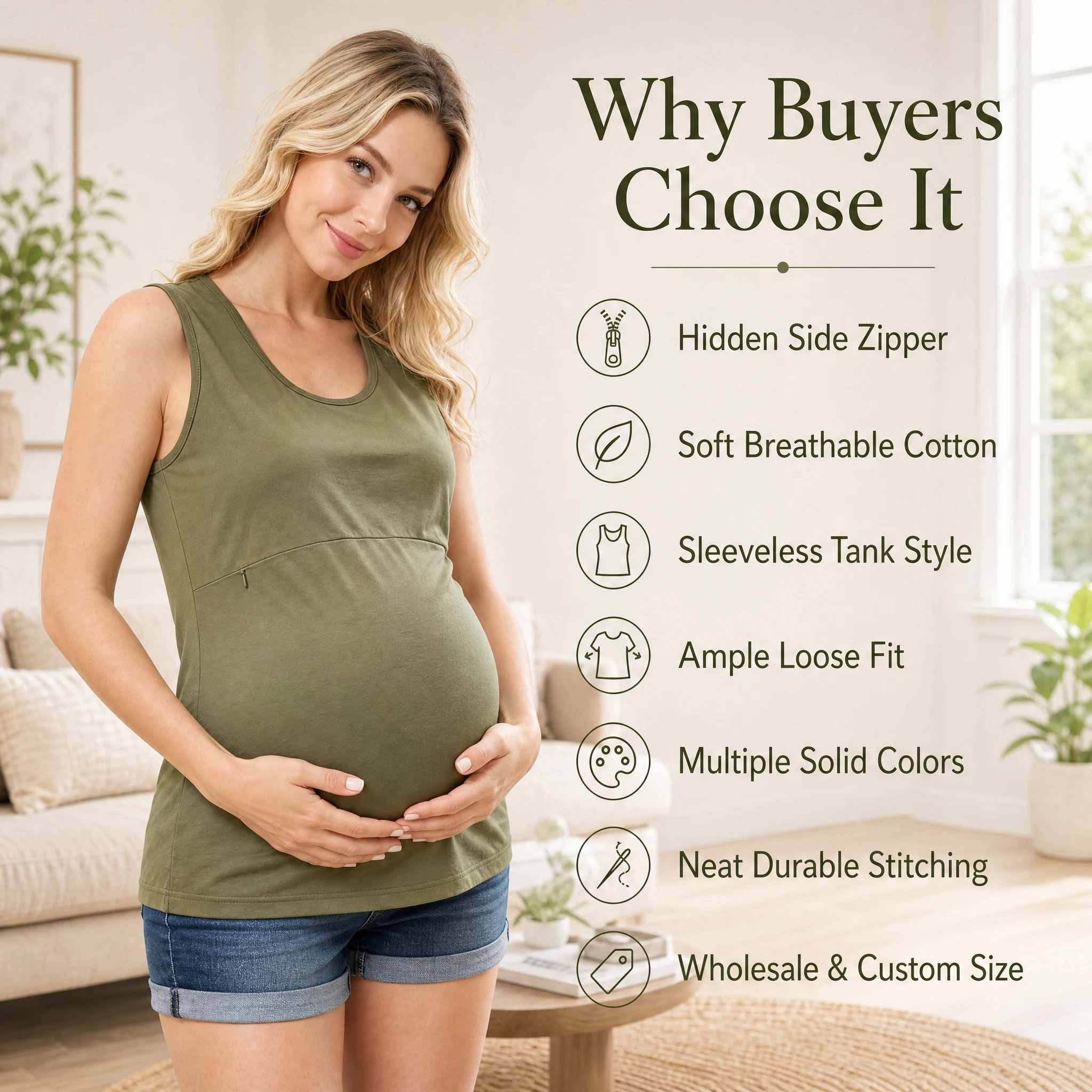 Maternity Nursing Tank Top Scoop Neck Sleeveless Cotton Loose-Fit Breastfeeding Vest with Hidden Side Zipper for Pregnant Women