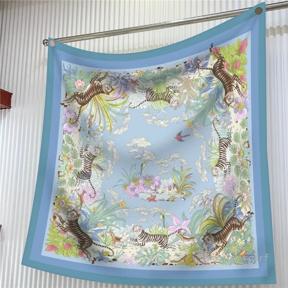 

Versatile Headwear Bag Clothing Accessories Square ScarfModern Flowers And Birds Jungle Tiger High Quality Twill Silk Ladies