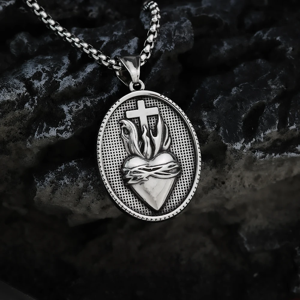 European and American Style Retro Cross Love Oval Men\'s Personalized Pendant Jewelry Titanium Steel Necklace