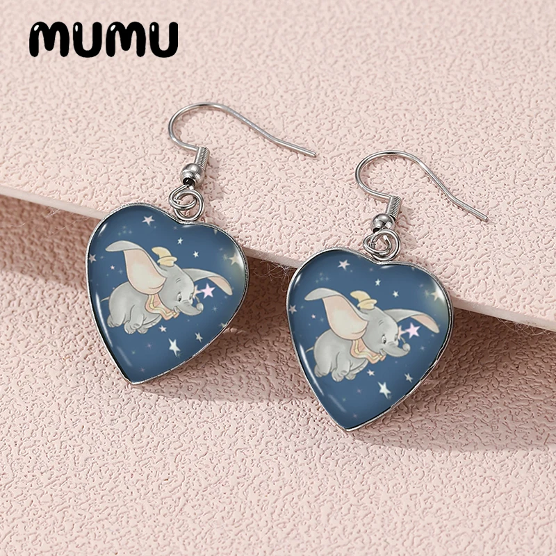 2024 New Dumbo Dangle Earring Little Elephant Heart Shaped Earrings Handmade Glass Dome Jewelry Gifts Fans