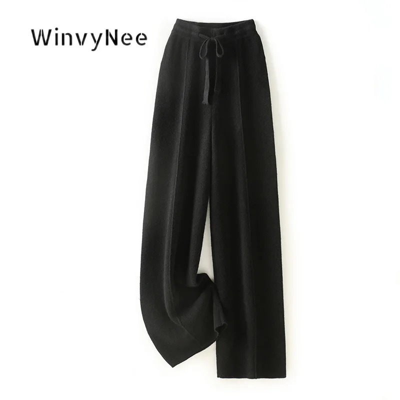 WinvyNee Lady 100% Wool Center Seam Pants Drawstring Elastic Waist Pocketless Warm Long Trousers Autumn Winter Casual ZD1503005