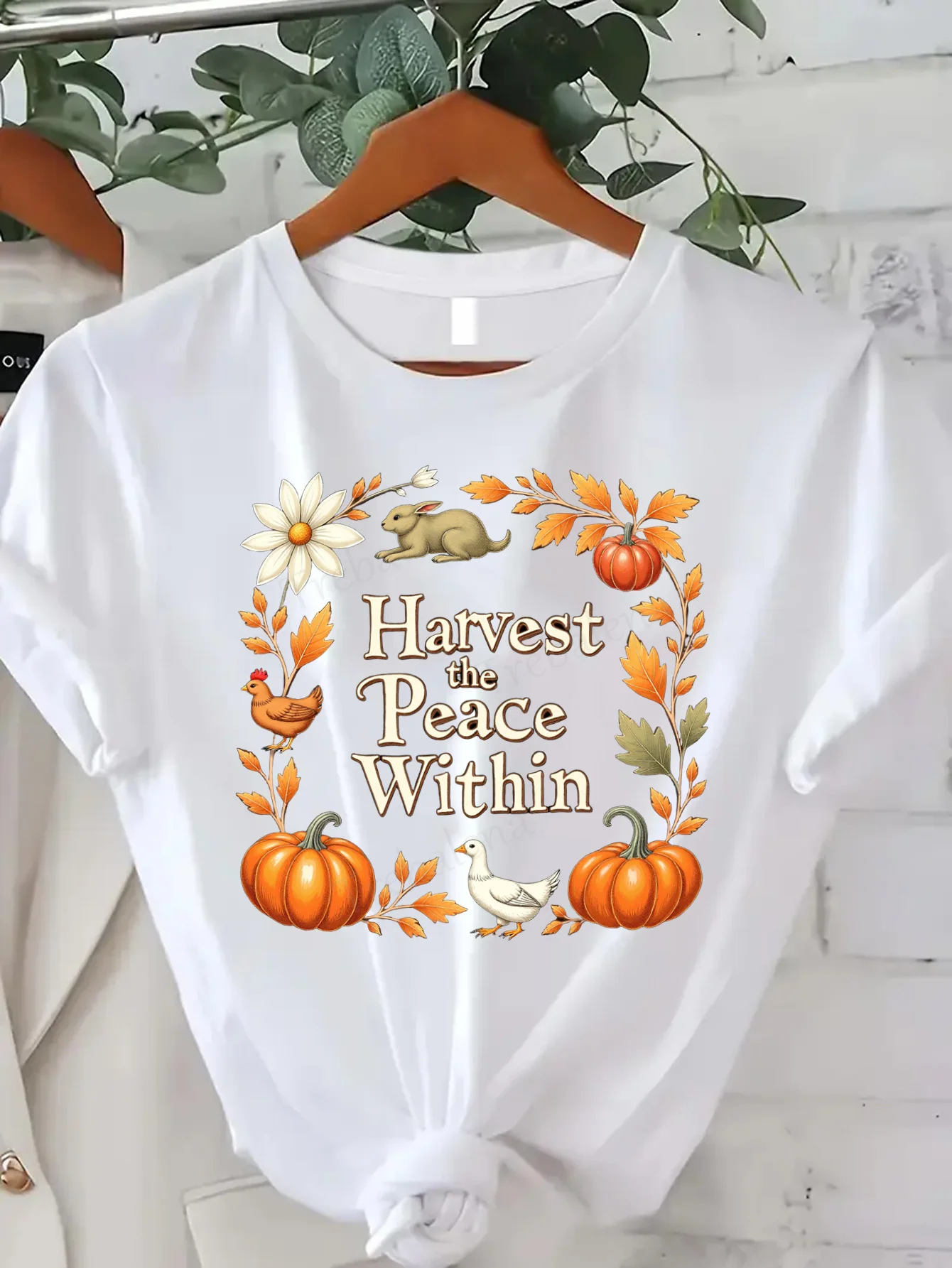 

Comfortable Women's Print T-shirt Harvest the Peace Within Autumn T-Shirt with Pumpkins & Farm Animals