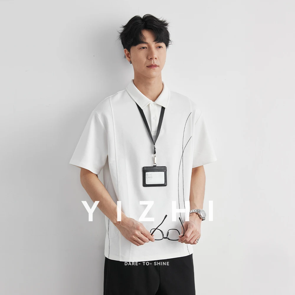 

Men's Japanese Style Stitched Lapel Polo Shirt Summer Loose Simple Versatile Drop Shoulder Business Casual Short Sleeve T-Shirt