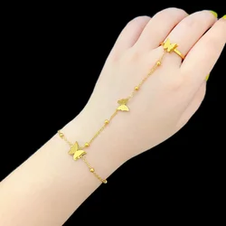316L Stainless Steel New Fashion Upscale Jewelry Beaded Scrub Butterfly Charm Bracelets Back Chain Ring All In One For Women