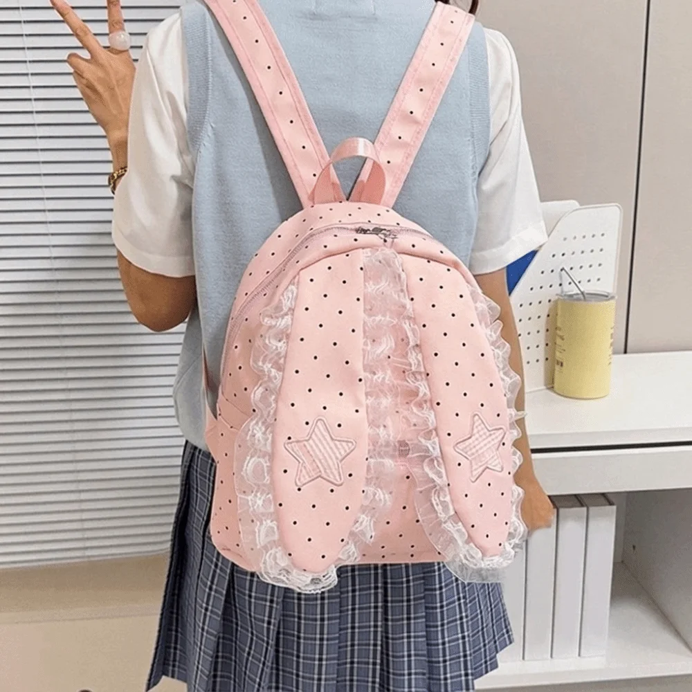 Sweet Star Bunny Ear Backpack Love Heart Lace Rabbit Ear School Bag Korean Style Large Capacity Polka Dot Backpack Girls